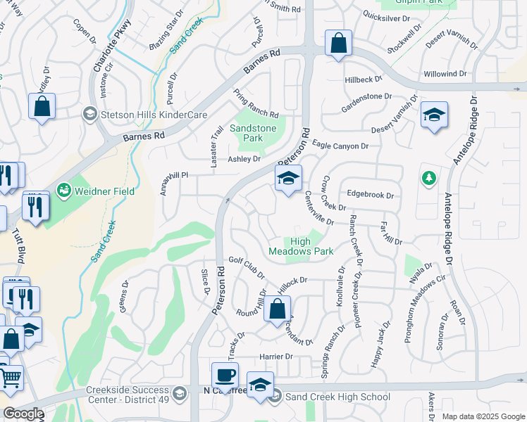 map of restaurants, bars, coffee shops, grocery stores, and more near 6924 Ash Creek Heights in Colorado Springs