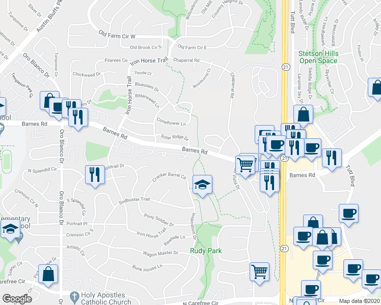 map of restaurants, bars, coffee shops, grocery stores, and more near 4361 High Mountain Point in Colorado Springs