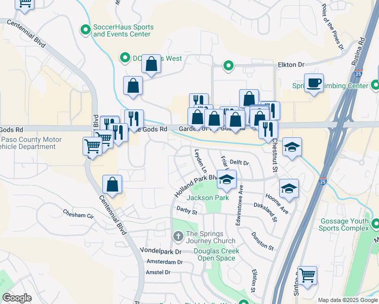 map of restaurants, bars, coffee shops, grocery stores, and more near 4314 Leyden Lane in Colorado Springs