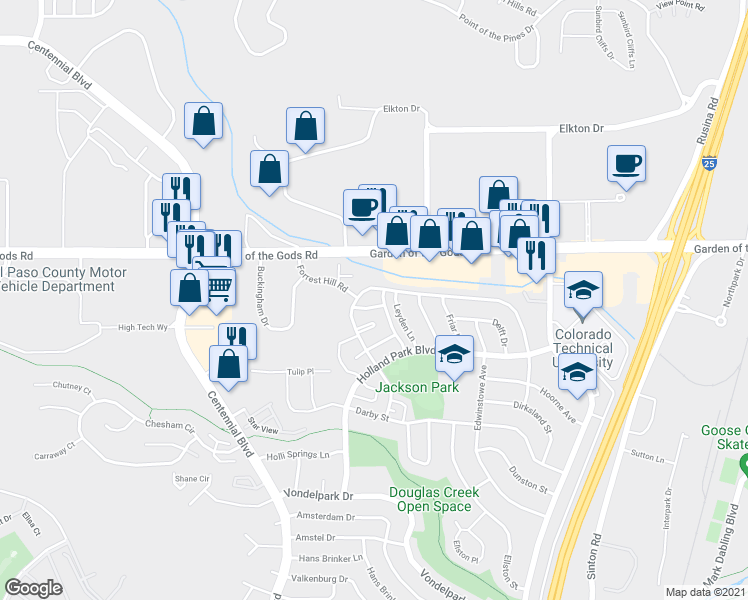 map of restaurants, bars, coffee shops, grocery stores, and more near 4301 Forrest Hill Road in Colorado Springs