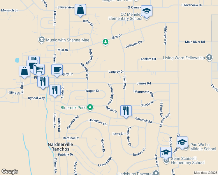 map of restaurants, bars, coffee shops, grocery stores, and more near 1367 Kimmerling Road in Gardnerville