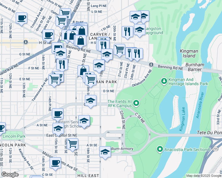 map of restaurants, bars, coffee shops, grocery stores, and more near 101 Independence Avenue Southeast in Washington