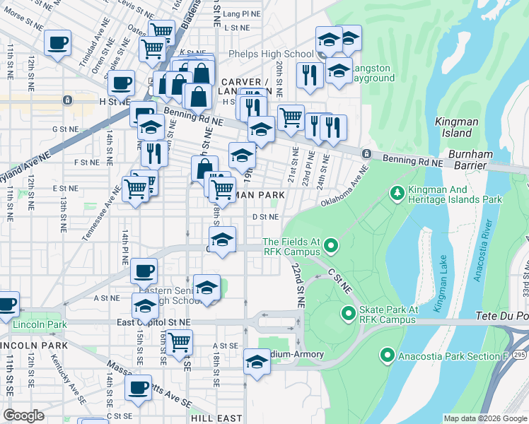 map of restaurants, bars, coffee shops, grocery stores, and more near 101 Independence Avenue Southeast in Washington