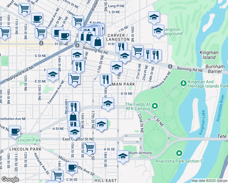 map of restaurants, bars, coffee shops, grocery stores, and more near 101 Independence Avenue Southeast in Washington