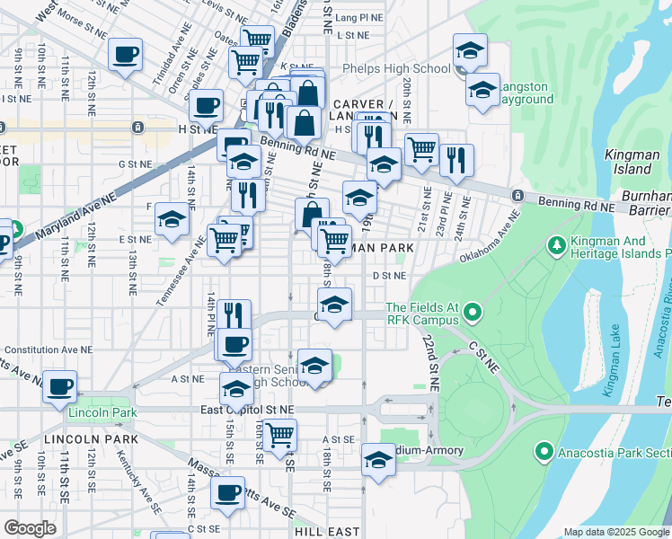 map of restaurants, bars, coffee shops, grocery stores, and more near 101 Independence Avenue Southeast in Washington