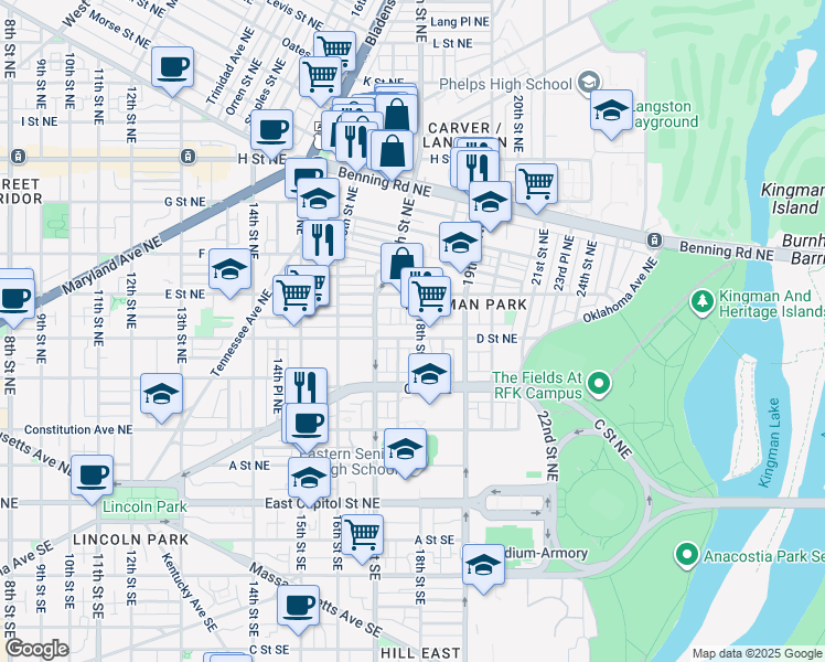 map of restaurants, bars, coffee shops, grocery stores, and more near 101 Independence Avenue Southeast in Washington