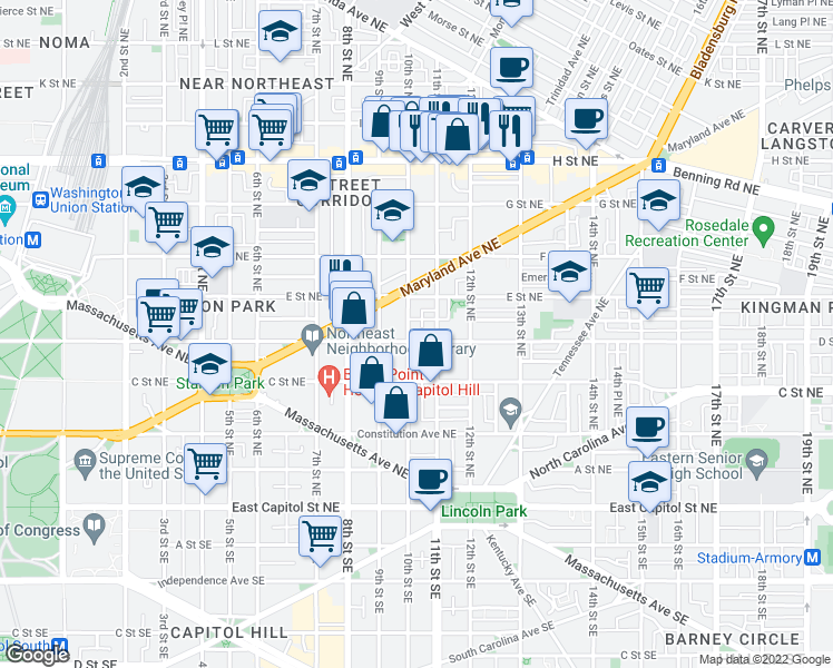 map of restaurants, bars, coffee shops, grocery stores, and more near 101 Independence Avenue Southeast in Washington