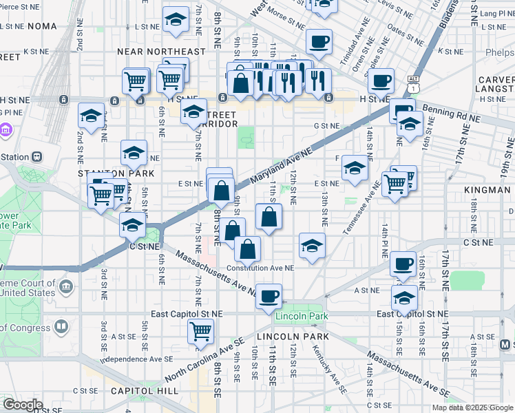 map of restaurants, bars, coffee shops, grocery stores, and more near 101 Independence Avenue Southeast in Washington