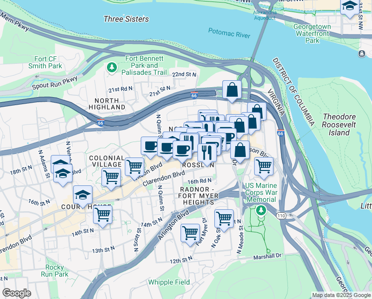 map of restaurants, bars, coffee shops, grocery stores, and more near 101 Independence Avenue Southeast in Washington