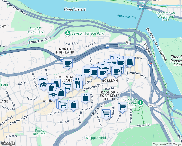 map of restaurants, bars, coffee shops, grocery stores, and more near 101 Independence Avenue Southeast in Washington