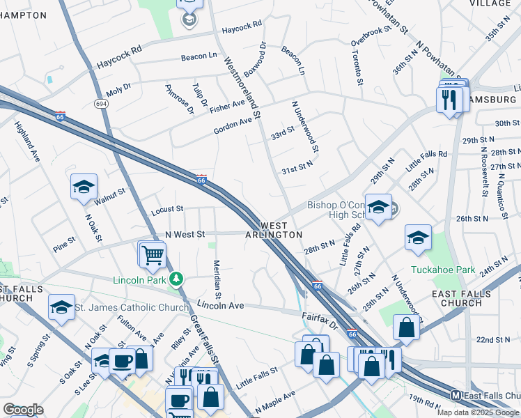 map of restaurants, bars, coffee shops, grocery stores, and more near 6929 Williamsburg Boulevard in Arlington