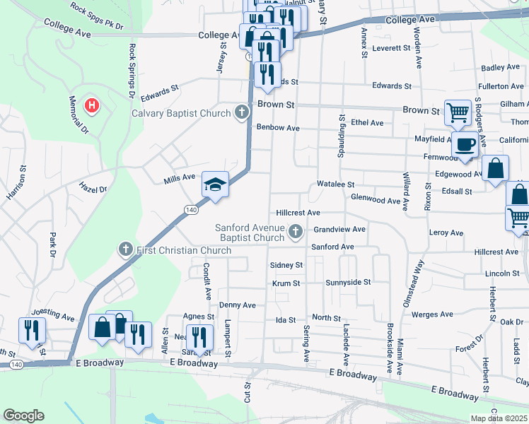 map of restaurants, bars, coffee shops, grocery stores, and more near 1000 Main Street in Alton