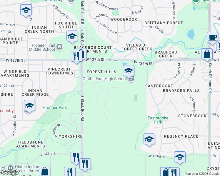 map of restaurants, bars, coffee shops, grocery stores, and more near 14715 West 128th Street in Olathe