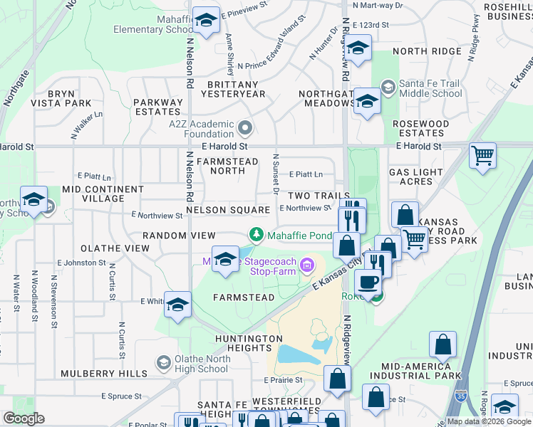 map of restaurants, bars, coffee shops, grocery stores, and more near 921 North Sunset Drive in Olathe