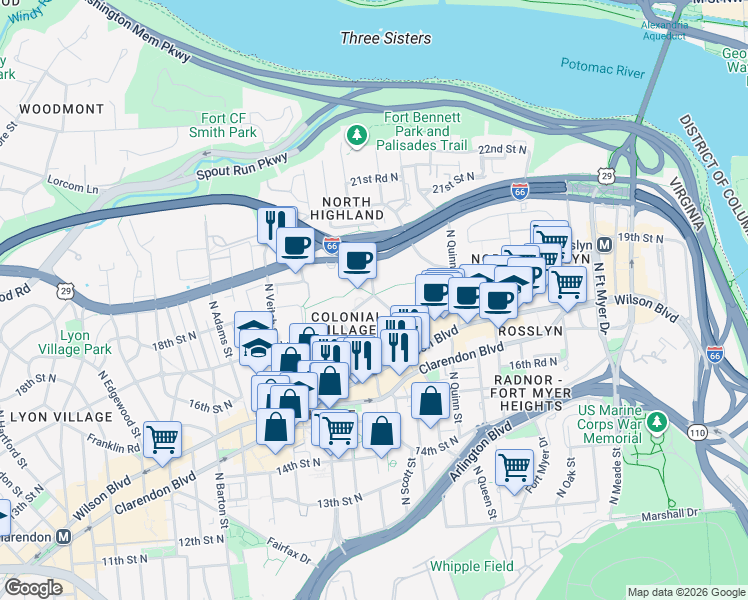 map of restaurants, bars, coffee shops, grocery stores, and more near 1800 Key Boulevard in Arlington