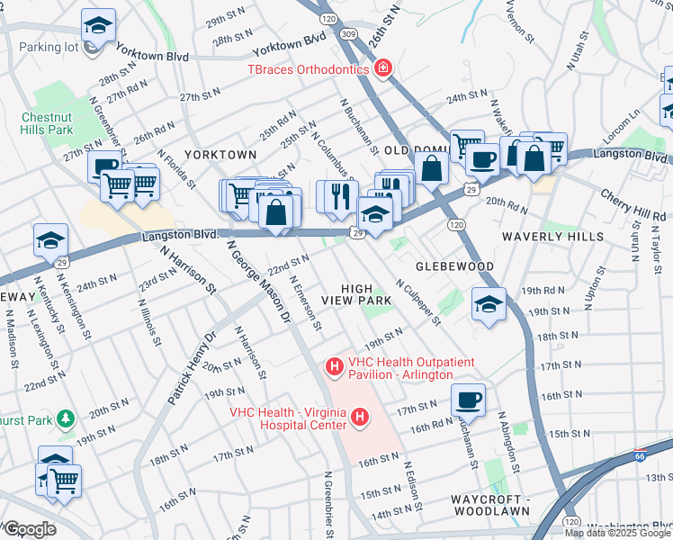 map of restaurants, bars, coffee shops, grocery stores, and more near 2106 North Dinwiddie Street in Arlington