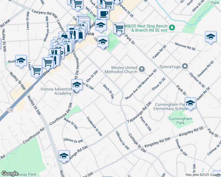 map of restaurants, bars, coffee shops, grocery stores, and more near 603 Birch St SW in Vienna