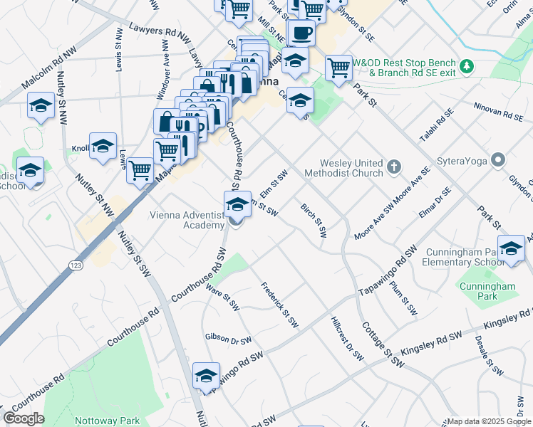 map of restaurants, bars, coffee shops, grocery stores, and more near 408 Plum Street Southwest in Vienna