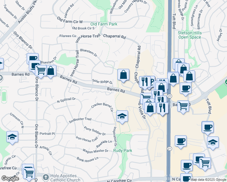 map of restaurants, bars, coffee shops, grocery stores, and more near 4365 High Mountain Point in Colorado Springs