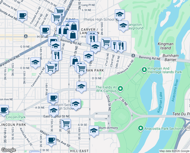 map of restaurants, bars, coffee shops, grocery stores, and more near 101 Independence Avenue Southeast in Washington