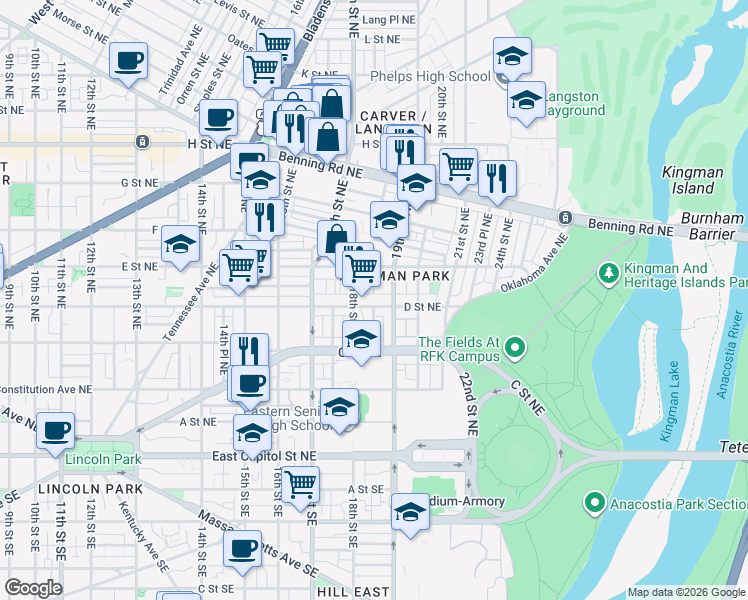 map of restaurants, bars, coffee shops, grocery stores, and more near 101 Independence Avenue Southeast in Washington