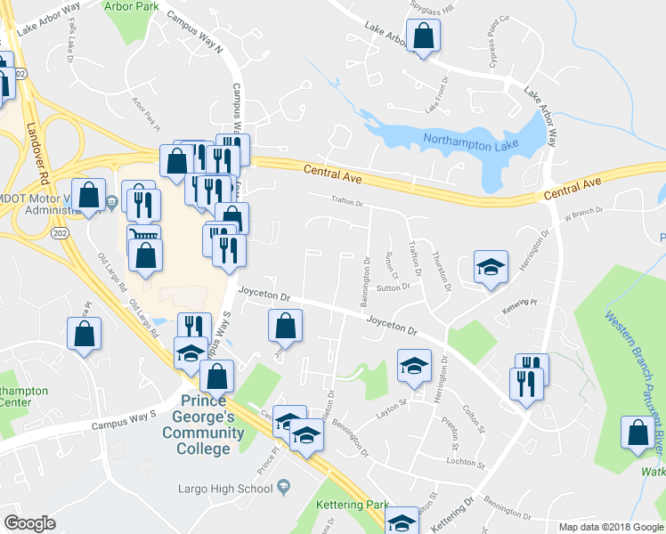 map of restaurants, bars, coffee shops, grocery stores, and more near 43 Joyceton Way in Upper Marlboro