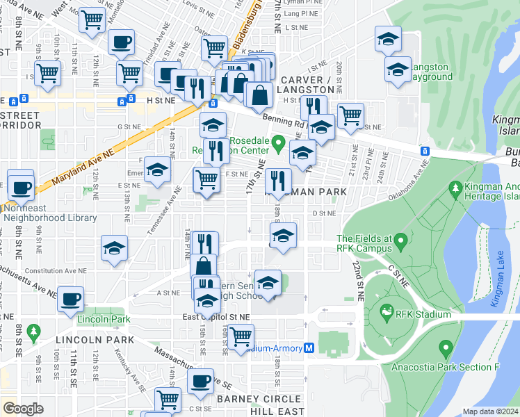 map of restaurants, bars, coffee shops, grocery stores, and more near 1716 D Street Northeast in Washington