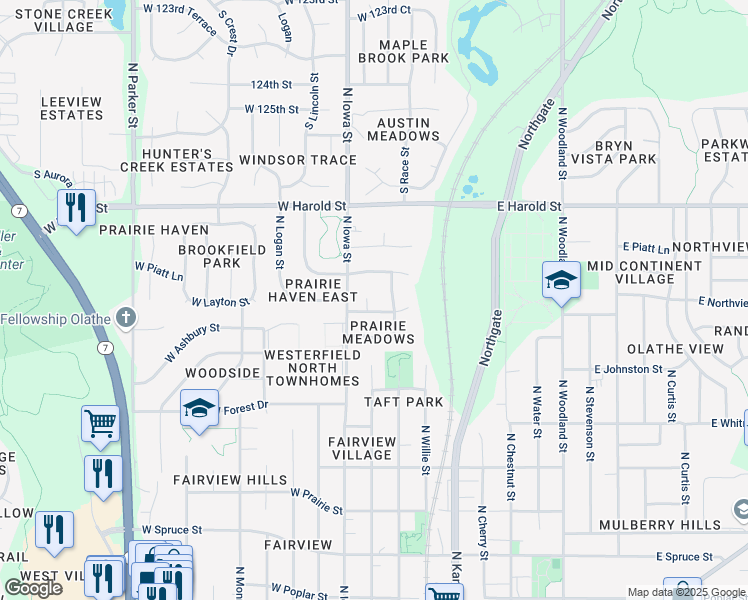 map of restaurants, bars, coffee shops, grocery stores, and more near 944 North Pine Street in Olathe