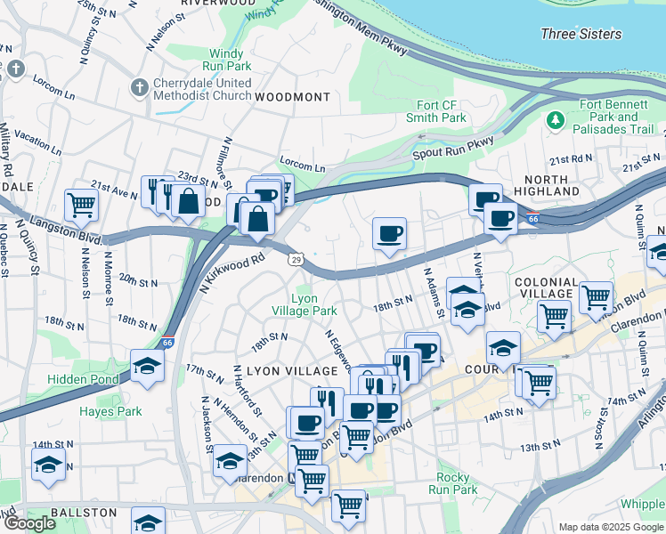 map of restaurants, bars, coffee shops, grocery stores, and more near 1902 North Daniel Street in Arlington