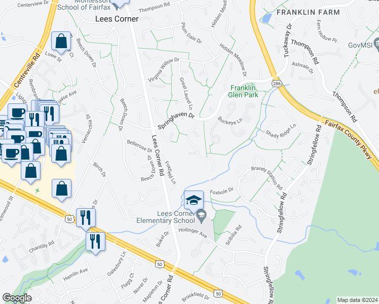map of restaurants, bars, coffee shops, grocery stores, and more near 3628 Elderberry Place in Fairfax