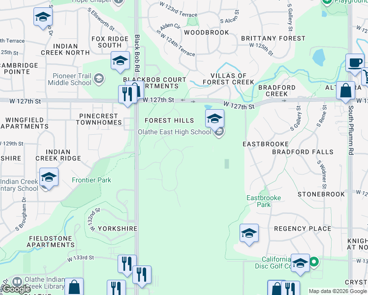 map of restaurants, bars, coffee shops, grocery stores, and more near 14715 West 128th Street in Olathe