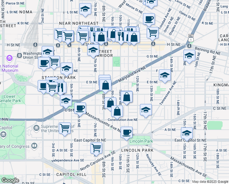 map of restaurants, bars, coffee shops, grocery stores, and more near 407 9th Street Northeast in Washington
