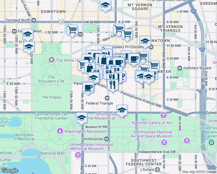 map of restaurants, bars, coffee shops, grocery stores, and more near 1198-1162 Pennsylvania Avenue Northwest in Washington