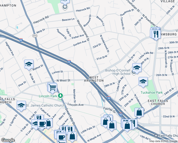 map of restaurants, bars, coffee shops, grocery stores, and more near 6929 Williamsburg Boulevard in Arlington