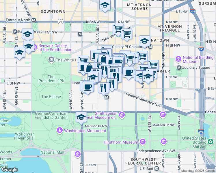 map of restaurants, bars, coffee shops, grocery stores, and more near Pennsylvania Ave NW & 12th St NW in Washington