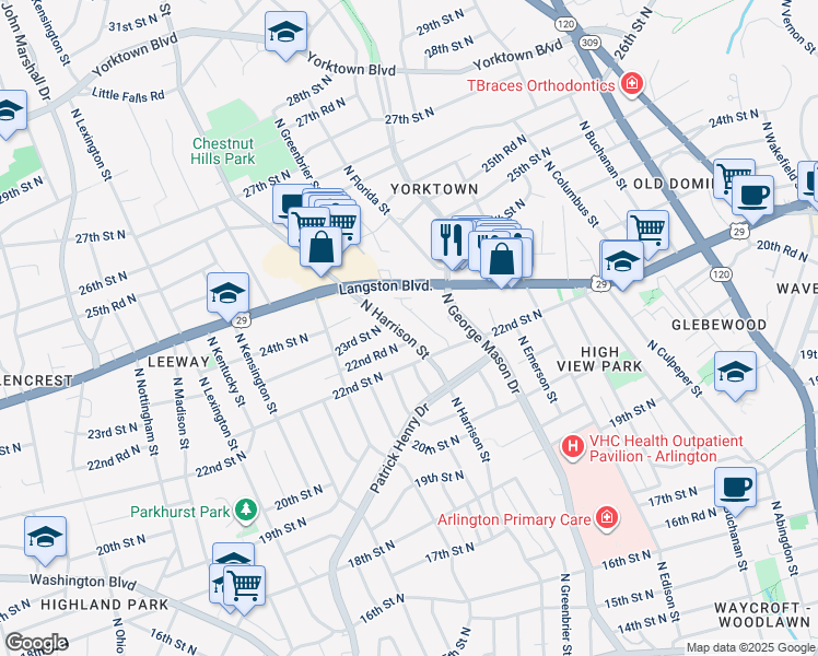 map of restaurants, bars, coffee shops, grocery stores, and more near 2217 North Harrison Street in Arlington