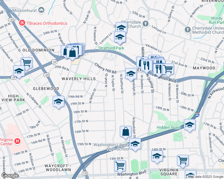 map of restaurants, bars, coffee shops, grocery stores, and more near 2010 North Taylor Street in Arlington