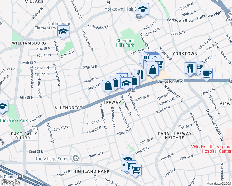 map of restaurants, bars, coffee shops, grocery stores, and more near 5731 U.S. 29 in Arlington