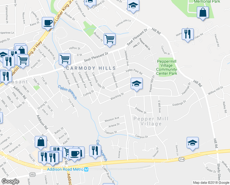 map of restaurants, bars, coffee shops, grocery stores, and more near 332 Carmody Hills Drive in Capitol Heights