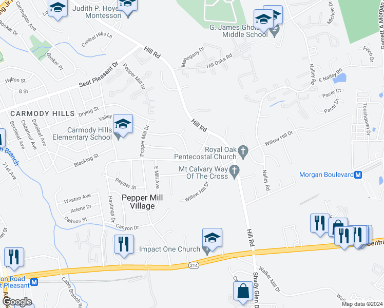 map of restaurants, bars, coffee shops, grocery stores, and more near 7200 Hastings Drive in Capitol Heights