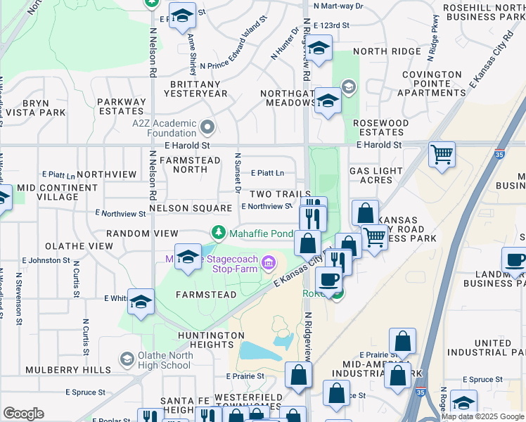 map of restaurants, bars, coffee shops, grocery stores, and more near 1101 East Northview Street in Olathe