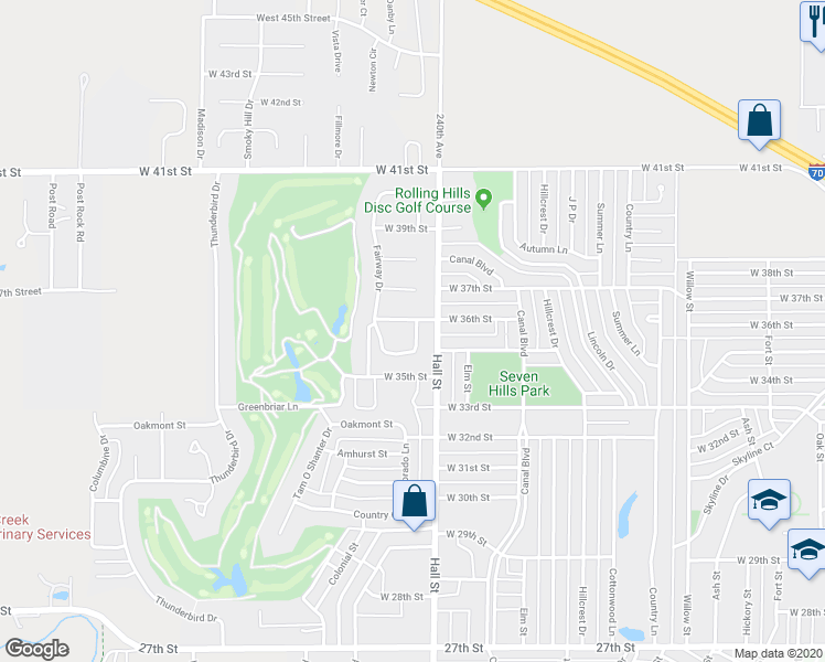 map of restaurants, bars, coffee shops, grocery stores, and more near 3509 Fairway Drive in Hays