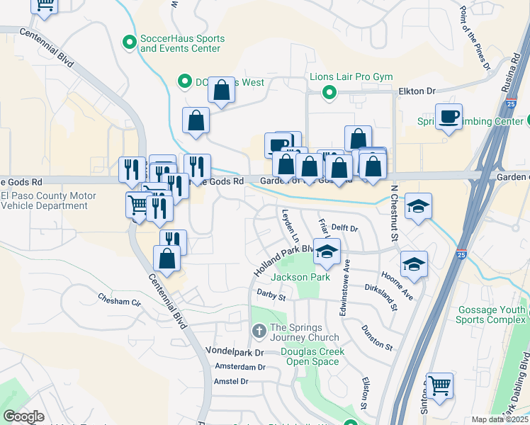 map of restaurants, bars, coffee shops, grocery stores, and more near 4301 Forrest Hill Road in Colorado Springs