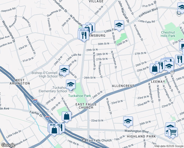 map of restaurants, bars, coffee shops, grocery stores, and more near 2608 North Roosevelt Street in Arlington