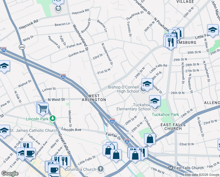 map of restaurants, bars, coffee shops, grocery stores, and more near 6812 Williamsburg Boulevard in Arlington