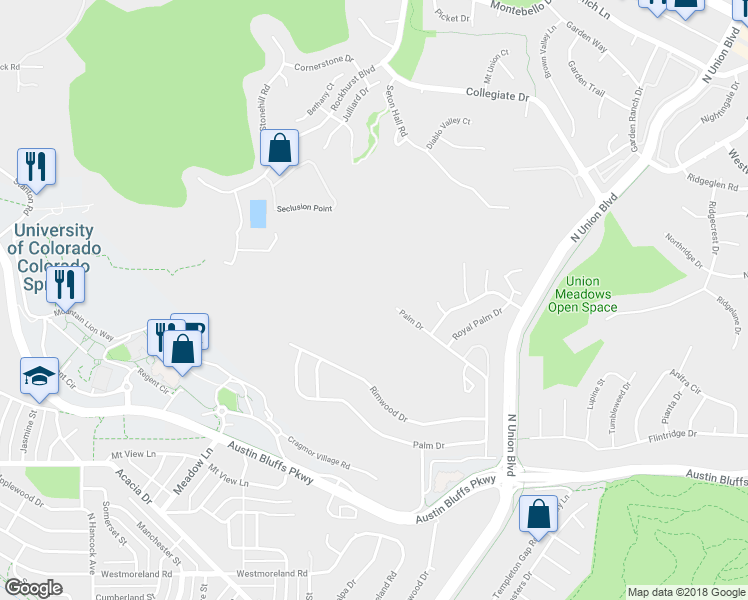 map of restaurants, bars, coffee shops, grocery stores, and more near 2270 Palm Drive in Colorado Springs