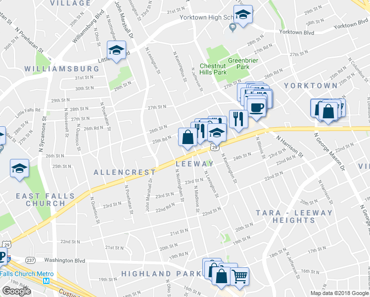 map of restaurants, bars, coffee shops, grocery stores, and more near 2501 North McKinley Street in Arlington
