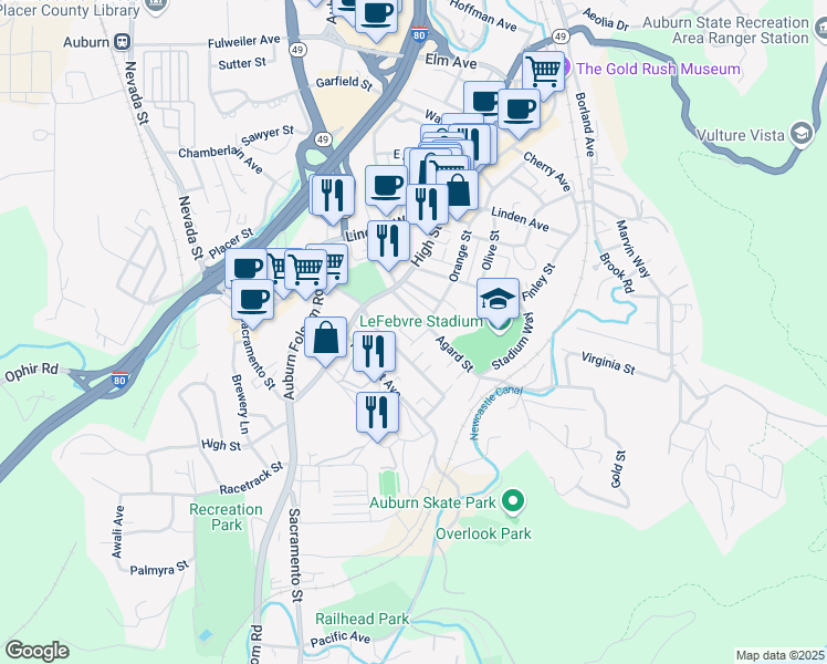 map of restaurants, bars, coffee shops, grocery stores, and more near 148 Agard Street in Auburn