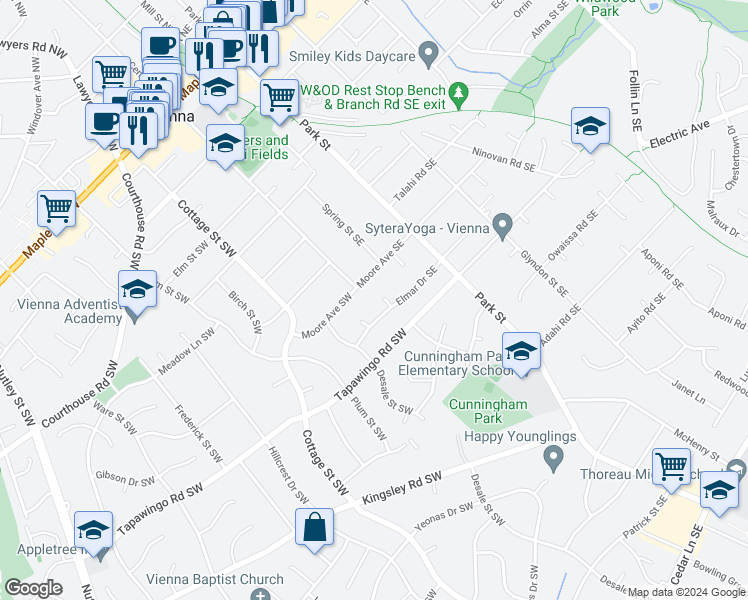 map of restaurants, bars, coffee shops, grocery stores, and more near 2 Elaine Circle Southeast in Vienna