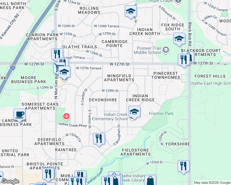 map of restaurants, bars, coffee shops, grocery stores, and more near 16003 West 129th Street in Olathe
